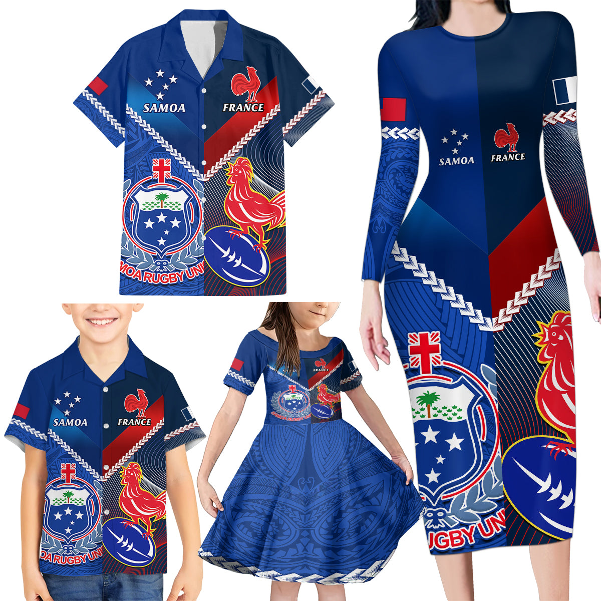Samoa And France Rugby Family Matching Long Sleeve Bodycon Dress and Hawaiian Shirt 2023 World Cup Manu Samoa With Les Bleus LT14 - Polynesian Pride