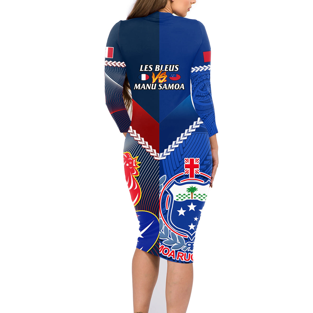 Samoa And France Rugby Family Matching Long Sleeve Bodycon Dress and Hawaiian Shirt 2023 World Cup Manu Samoa With Les Bleus LT14 - Polynesian Pride