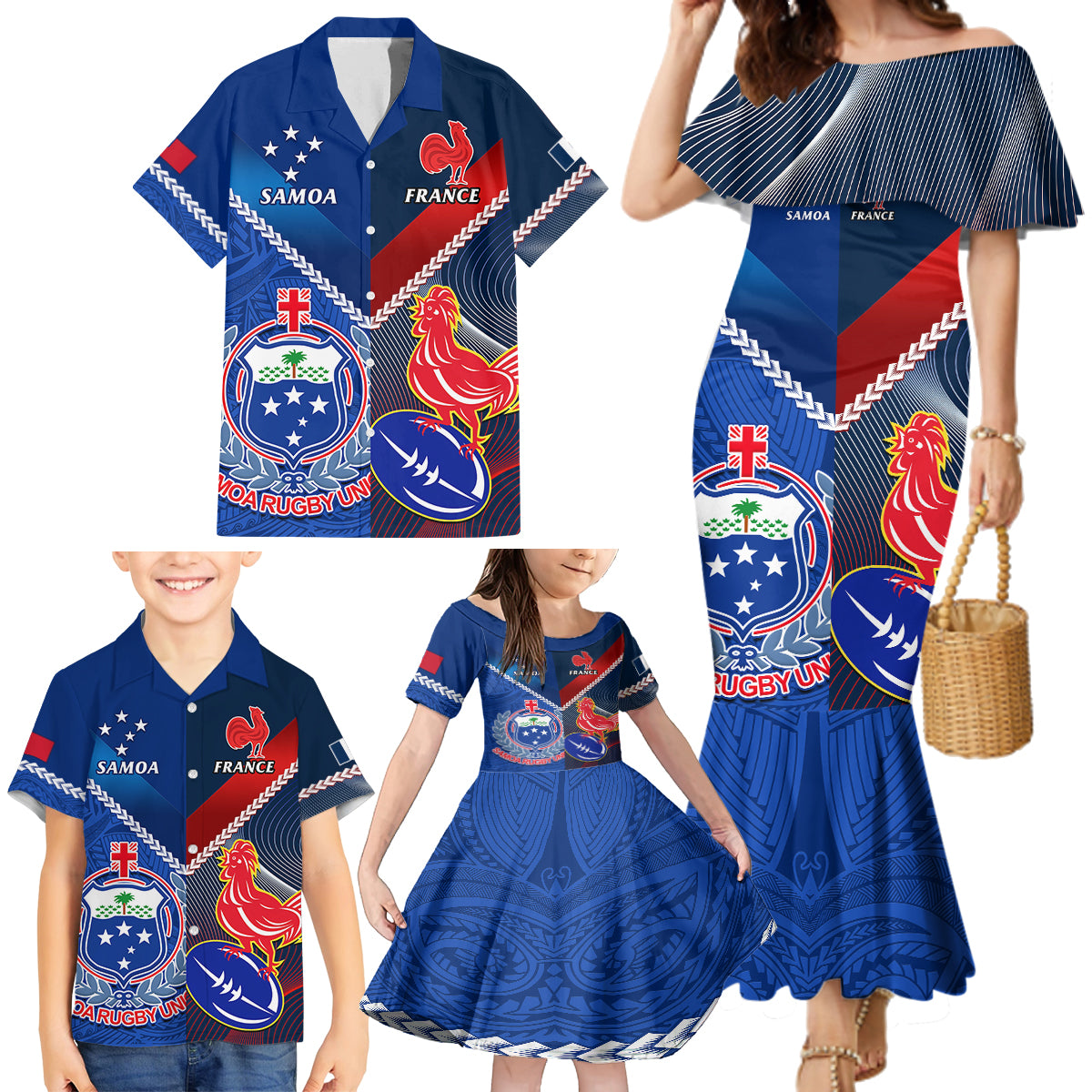 Samoa And France Rugby Family Matching Mermaid Dress and Hawaiian Shirt 2023 World Cup Manu Samoa With Les Bleus LT14 - Polynesian Pride