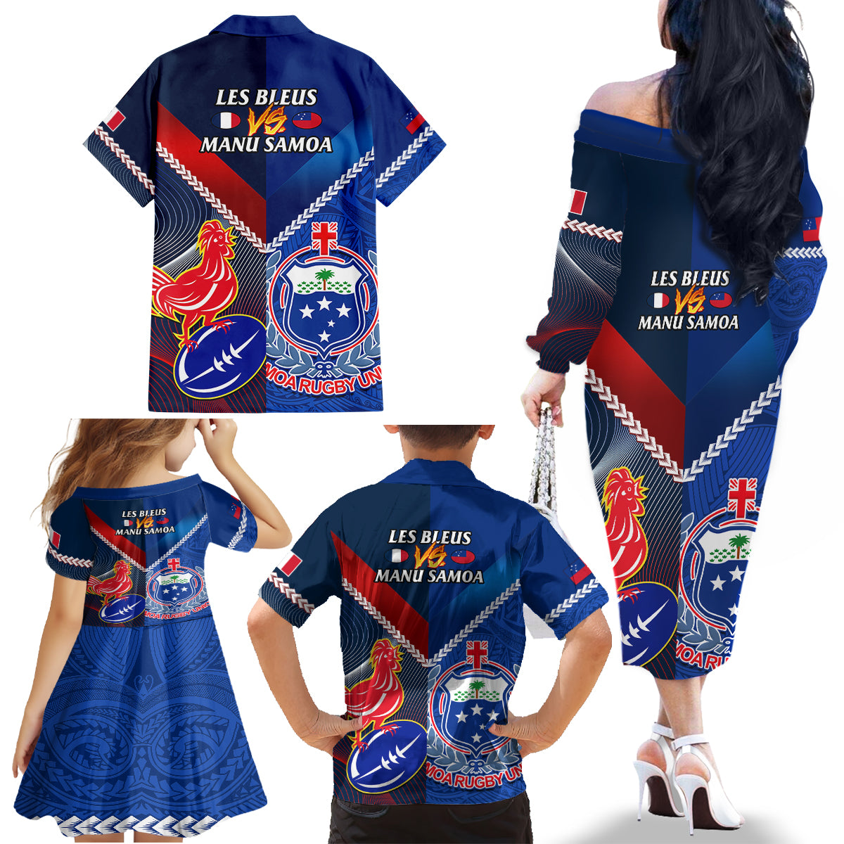 Samoa And France Rugby Family Matching Off Shoulder Long Sleeve Dress and Hawaiian Shirt 2023 World Cup Manu Samoa With Les Bleus LT14 - Polynesian Pride