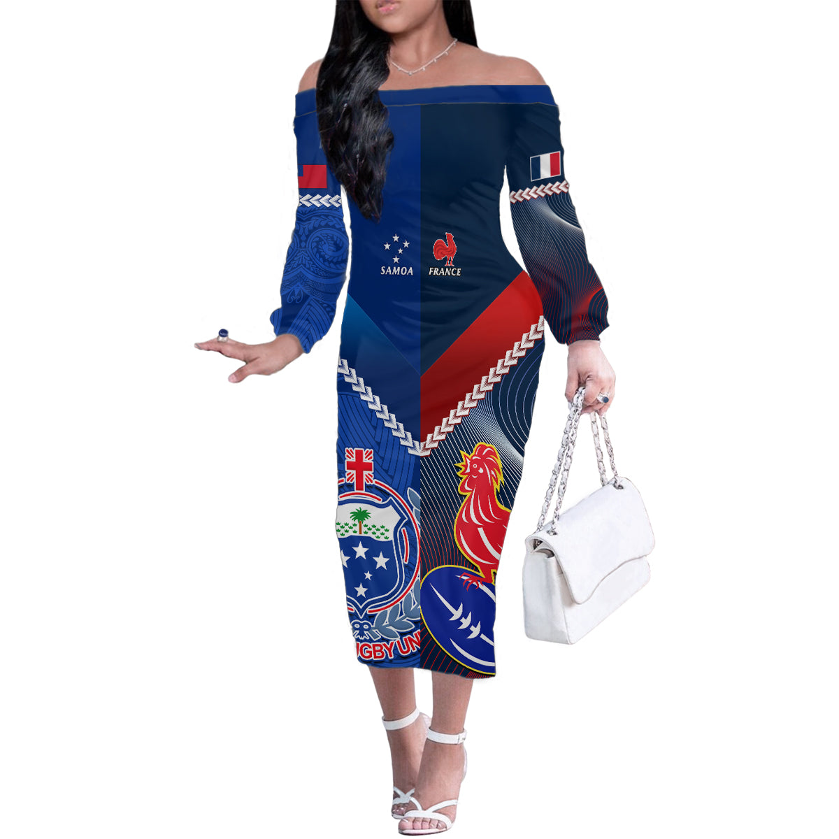 Samoa And France Rugby Family Matching Off Shoulder Long Sleeve Dress and Hawaiian Shirt 2023 World Cup Manu Samoa With Les Bleus LT14 Mom's Dress Blue - Polynesian Pride