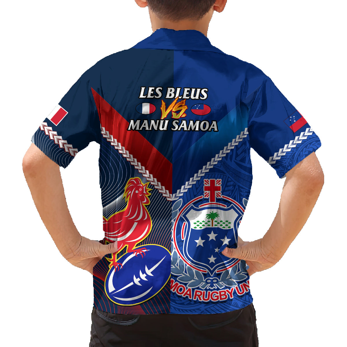 Samoa And France Rugby Family Matching Off Shoulder Maxi Dress and Hawaiian Shirt 2023 World Cup Manu Samoa With Les Bleus LT14 - Polynesian Pride