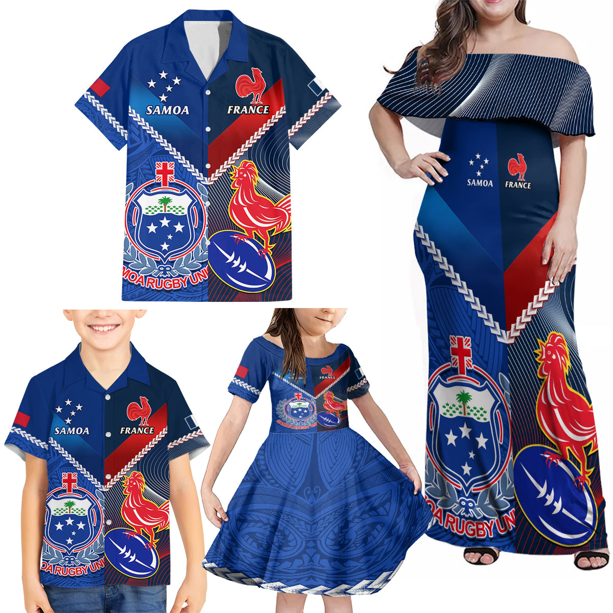 Samoa And France Rugby Family Matching Off Shoulder Maxi Dress and Hawaiian Shirt 2023 World Cup Manu Samoa With Les Bleus LT14 - Polynesian Pride