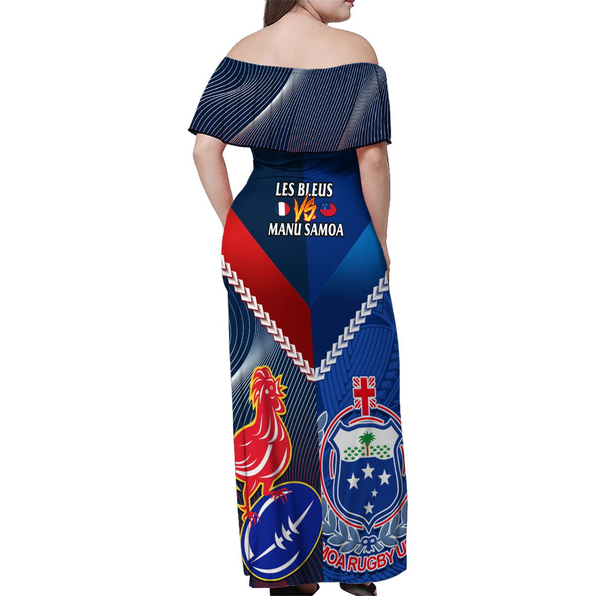 Samoa And France Rugby Family Matching Off Shoulder Maxi Dress and Hawaiian Shirt 2023 World Cup Manu Samoa With Les Bleus LT14 - Polynesian Pride