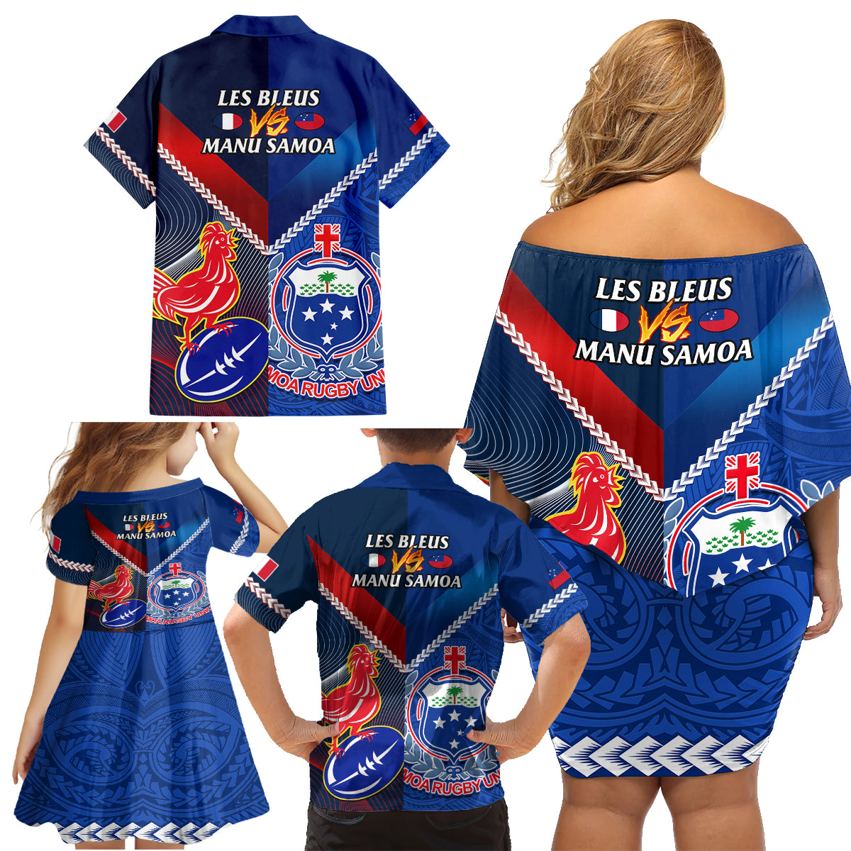 Samoa And France Rugby Family Matching Off Shoulder Short Dress and Hawaiian Shirt 2023 World Cup Manu Samoa With Les Bleus LT14 - Polynesian Pride