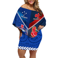 Samoa And France Rugby Family Matching Off Shoulder Short Dress and Hawaiian Shirt 2023 World Cup Manu Samoa With Les Bleus LT14 Mom's Dress Blue - Polynesian Pride
