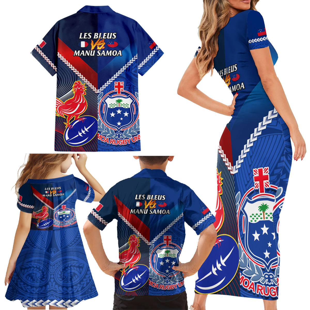 Samoa And France Rugby Family Matching Short Sleeve Bodycon Dress and Hawaiian Shirt 2023 World Cup Manu Samoa With Les Bleus LT14 - Polynesian Pride