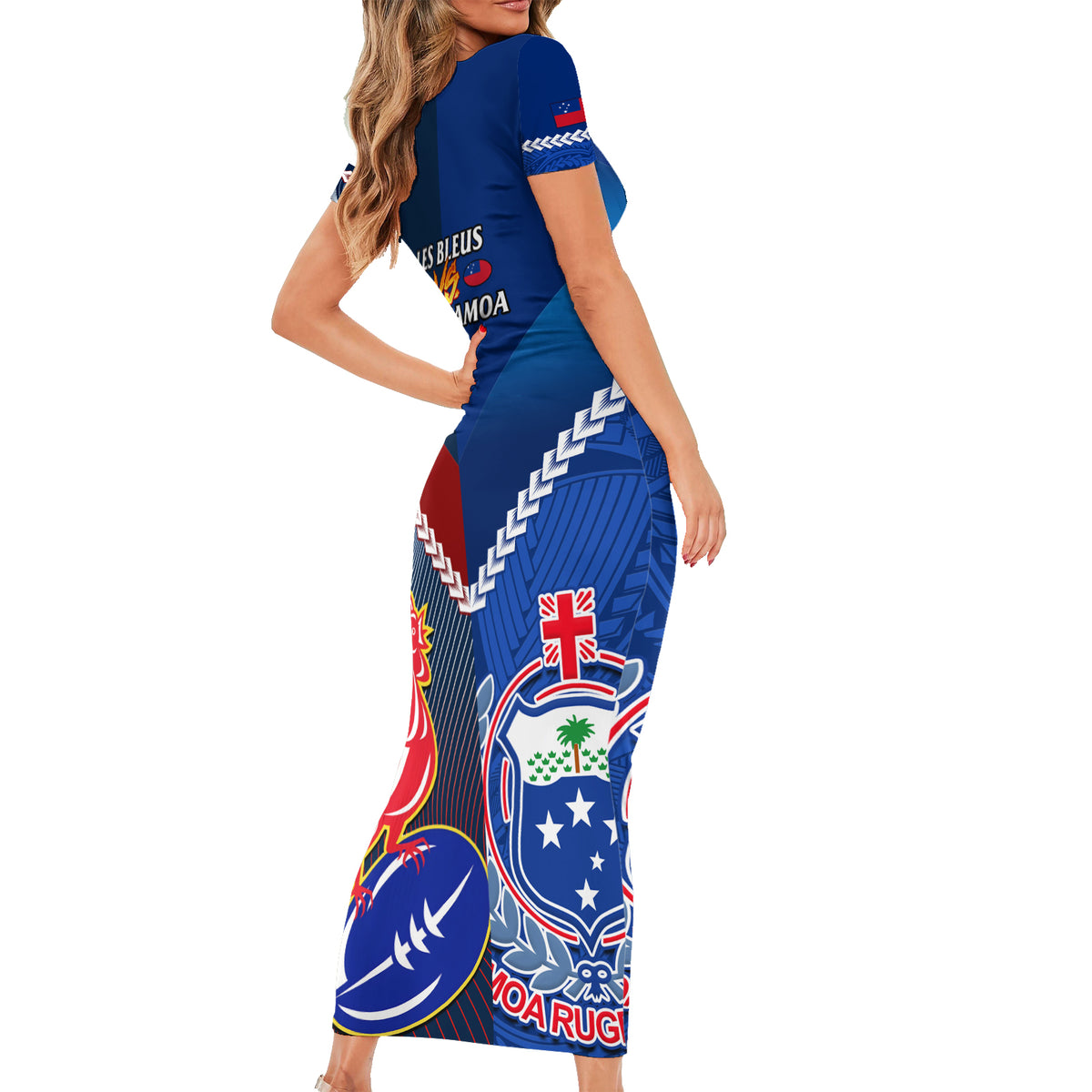Samoa And France Rugby Family Matching Short Sleeve Bodycon Dress and Hawaiian Shirt 2023 World Cup Manu Samoa With Les Bleus LT14 - Polynesian Pride