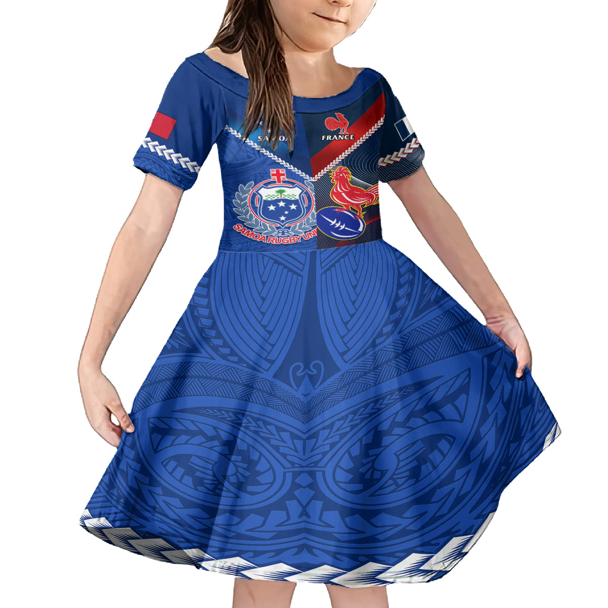 Samoa And France Rugby Family Matching Summer Maxi Dress and Hawaiian Shirt 2023 World Cup Manu Samoa With Les Bleus LT14 Daughter's Dress Blue - Polynesian Pride