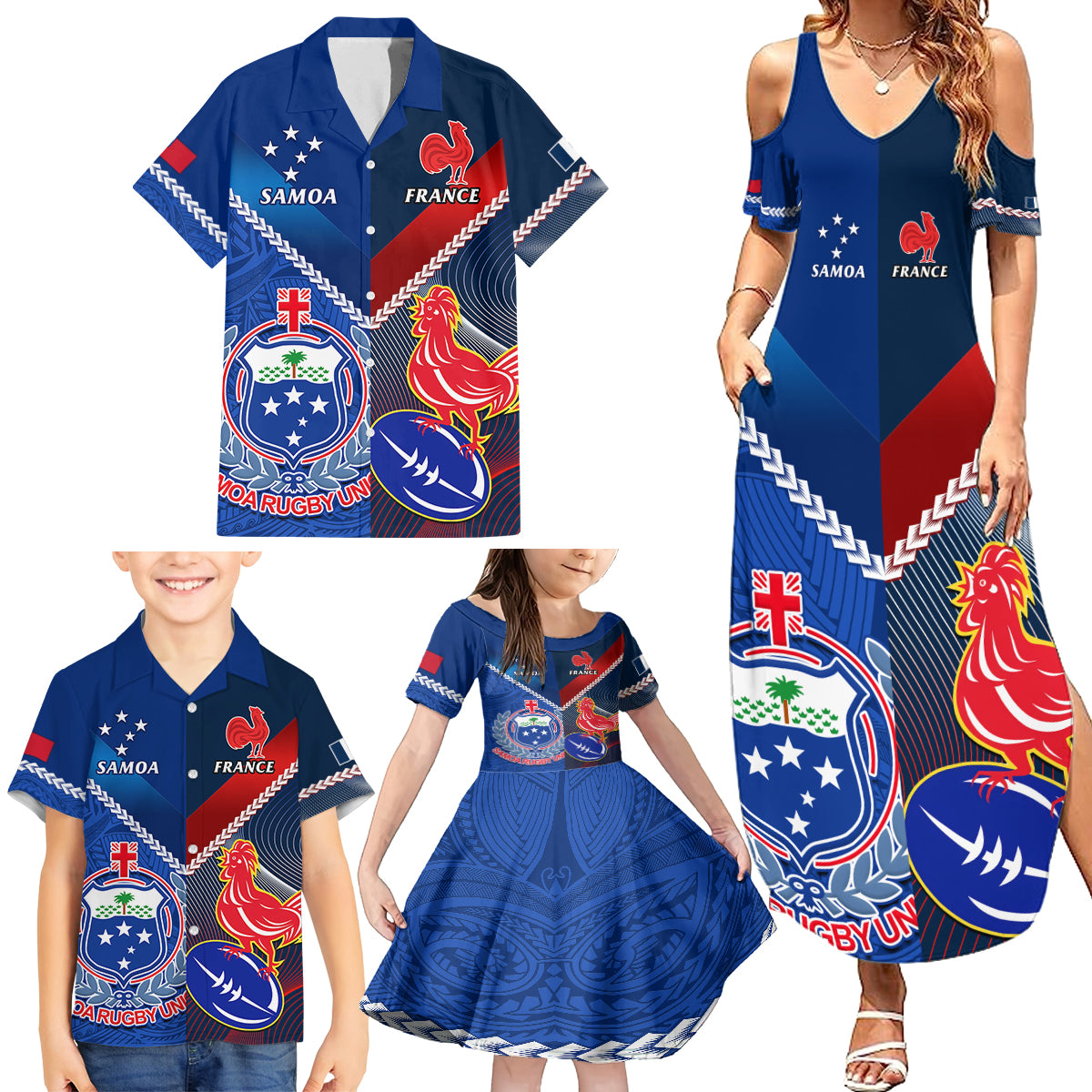 Samoa And France Rugby Family Matching Summer Maxi Dress and Hawaiian Shirt 2023 World Cup Manu Samoa With Les Bleus LT14 - Polynesian Pride