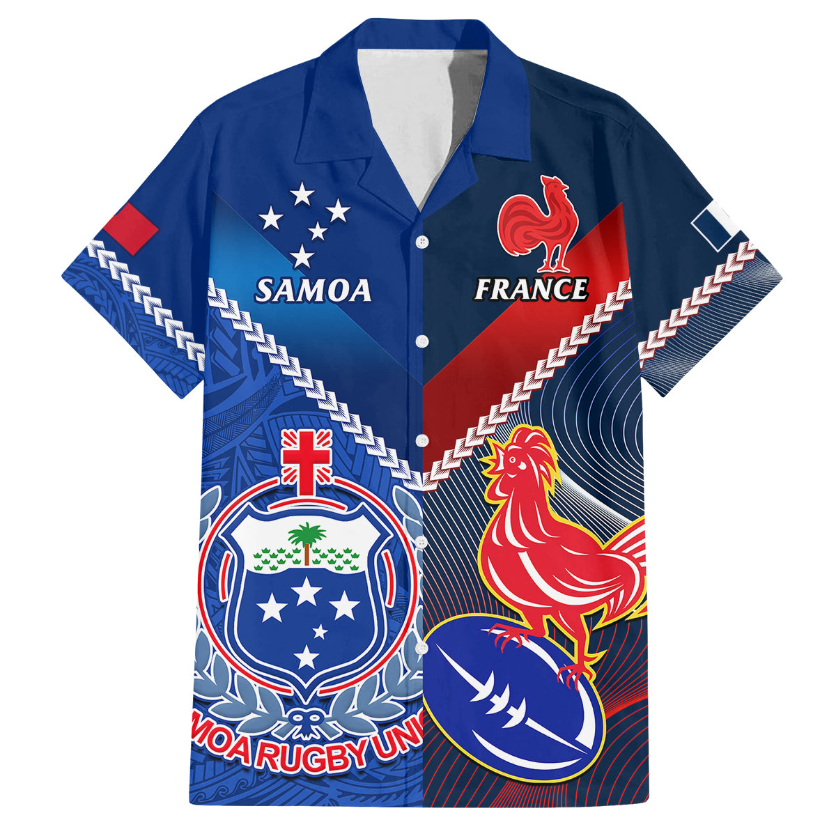 Samoa And France Rugby Family Matching Summer Maxi Dress and Hawaiian Shirt 2023 World Cup Manu Samoa With Les Bleus LT14 Dad's Shirt - Short Sleeve Blue - Polynesian Pride