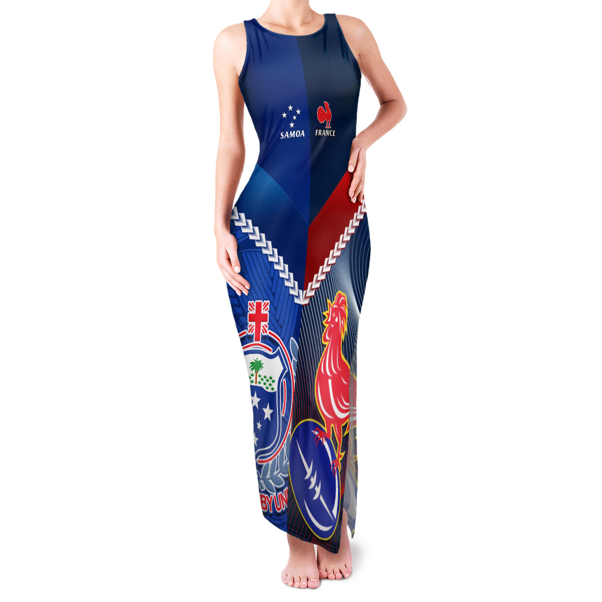 Samoa And France Rugby Family Matching Tank Maxi Dress and Hawaiian Shirt 2023 World Cup Manu Samoa With Les Bleus LT14 Mom's Dress Blue - Polynesian Pride