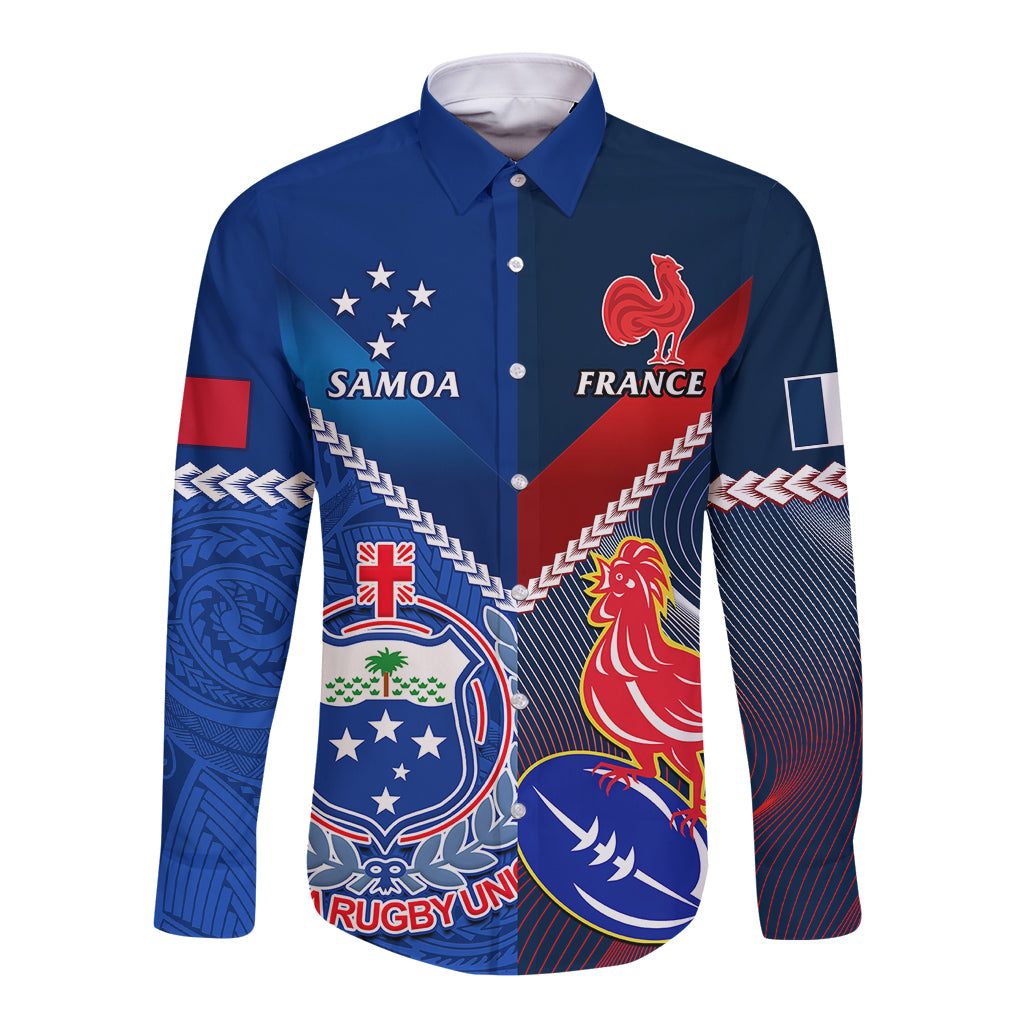 Samoa And France Rugby Long Sleeve Button Shirt 2023 World Cup Manu Samoa With Les Bleus LT14 Unisex Blue - Polynesian Pride