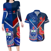 Custom Samoa And France Rugby Couples Matching Long Sleeve Bodycon Dress and Hawaiian Shirt 2023 World Cup Manu Samoa With Les Bleus LT14 Blue - Polynesian Pride