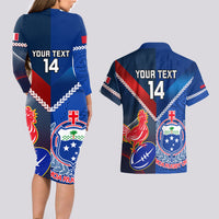 Custom Samoa And France Rugby Couples Matching Long Sleeve Bodycon Dress and Hawaiian Shirt 2023 World Cup Manu Samoa With Les Bleus LT14 - Polynesian Pride
