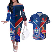 Custom Samoa And France Rugby Couples Matching Off The Shoulder Long Sleeve Dress and Hawaiian Shirt 2023 World Cup Manu Samoa With Les Bleus LT14 Blue - Polynesian Pride
