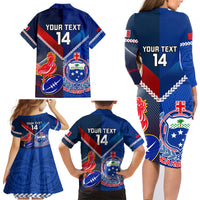 Custom Samoa And France Rugby Family Matching Long Sleeve Bodycon Dress and Hawaiian Shirt 2023 World Cup Manu Samoa With Les Bleus LT14 - Polynesian Pride