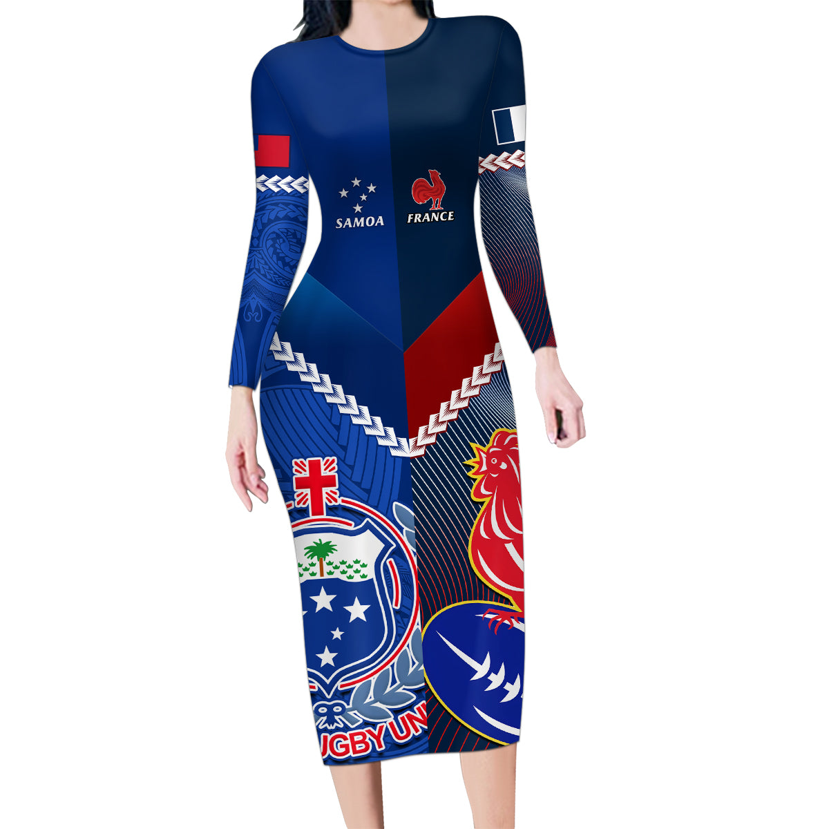 Custom Samoa And France Rugby Family Matching Long Sleeve Bodycon Dress and Hawaiian Shirt 2023 World Cup Manu Samoa With Les Bleus LT14 Mom's Dress Blue - Polynesian Pride