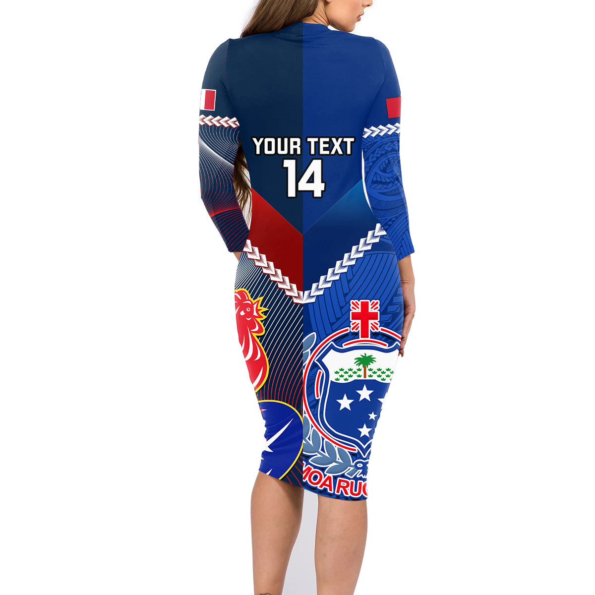Custom Samoa And France Rugby Family Matching Long Sleeve Bodycon Dress and Hawaiian Shirt 2023 World Cup Manu Samoa With Les Bleus LT14 - Polynesian Pride