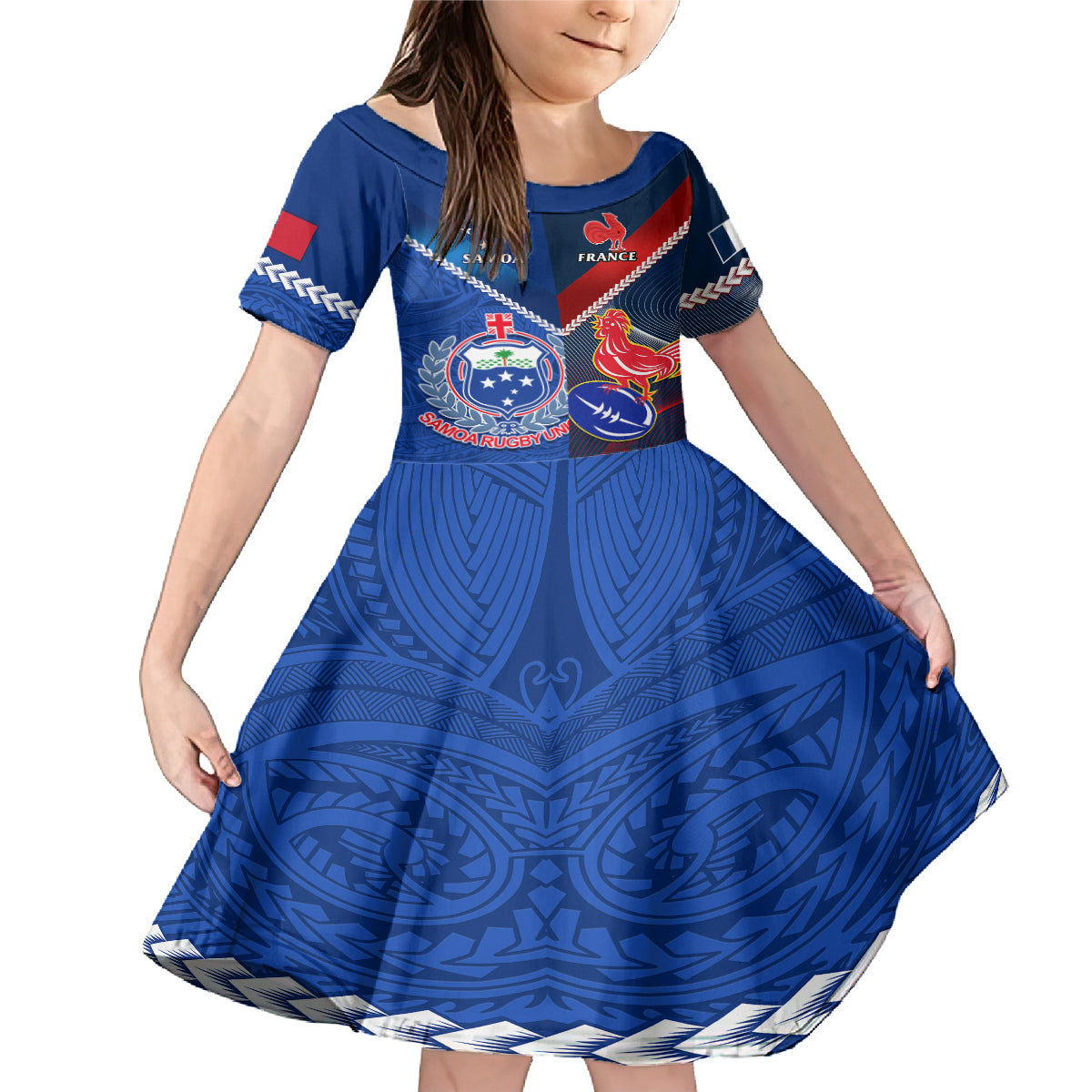 Custom Samoa And France Rugby Family Matching Mermaid Dress and Hawaiian Shirt 2023 World Cup Manu Samoa With Les Bleus LT14 Daughter's Dress Blue - Polynesian Pride