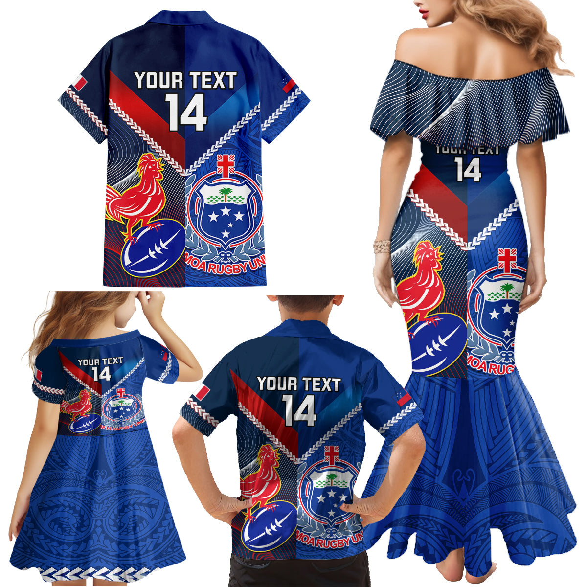 Custom Samoa And France Rugby Family Matching Mermaid Dress and Hawaiian Shirt 2023 World Cup Manu Samoa With Les Bleus LT14 - Polynesian Pride