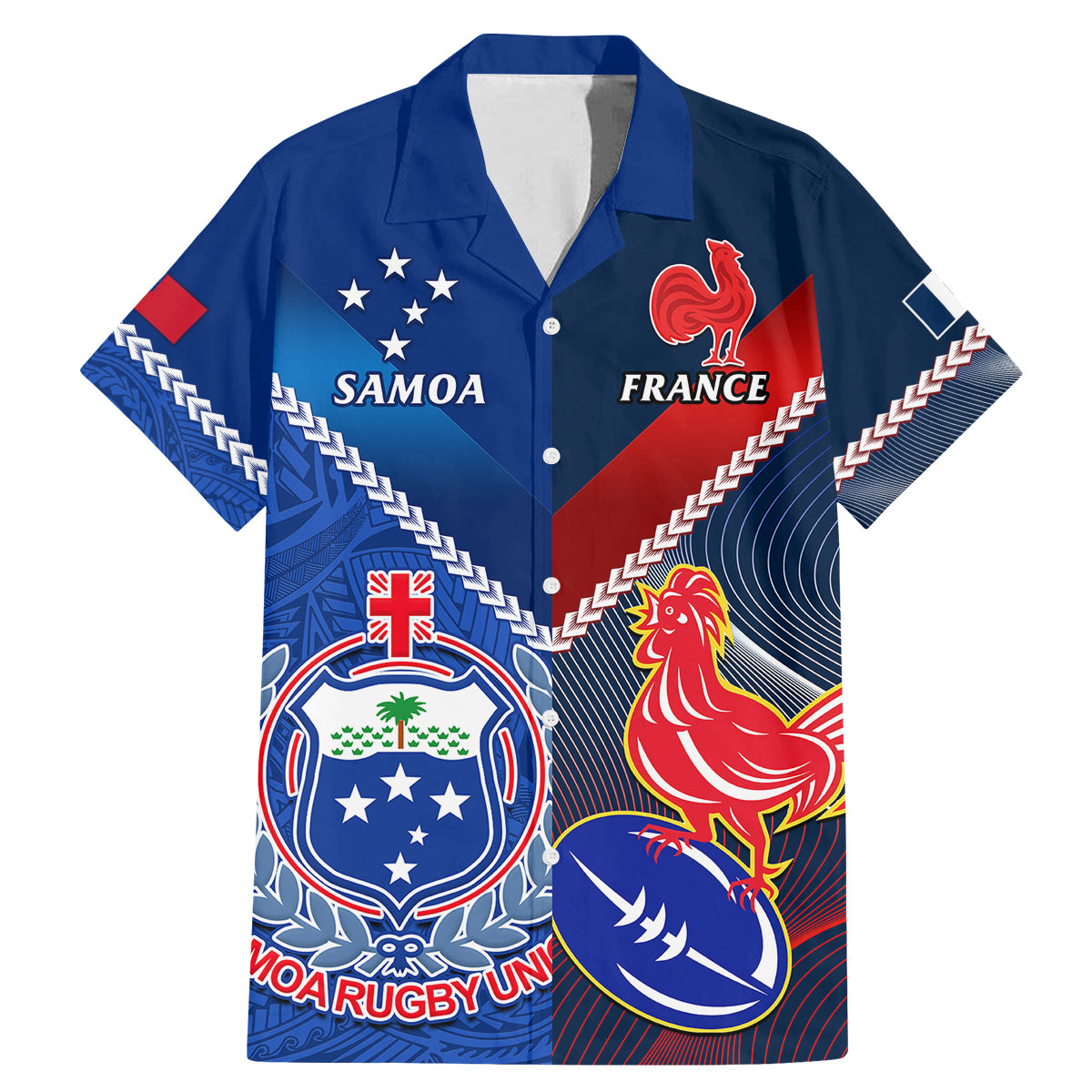 Custom Samoa And France Rugby Family Matching Mermaid Dress and Hawaiian Shirt 2023 World Cup Manu Samoa With Les Bleus LT14 Dad's Shirt - Short Sleeve Blue - Polynesian Pride