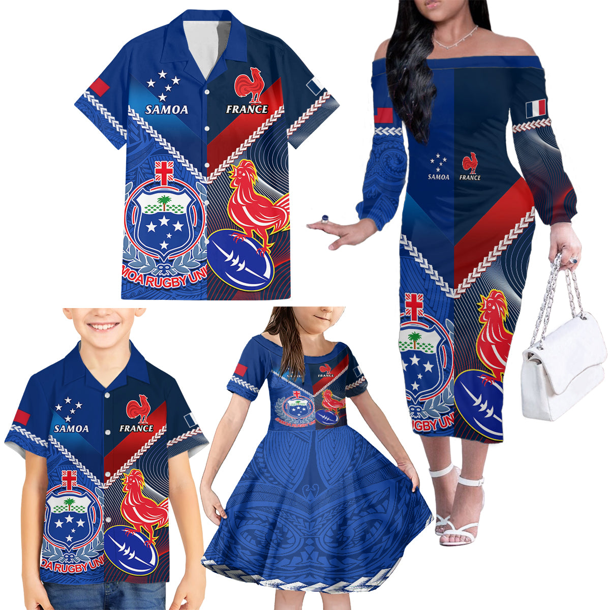 Custom Samoa And France Rugby Family Matching Off Shoulder Long Sleeve Dress and Hawaiian Shirt 2023 World Cup Manu Samoa With Les Bleus LT14 - Polynesian Pride