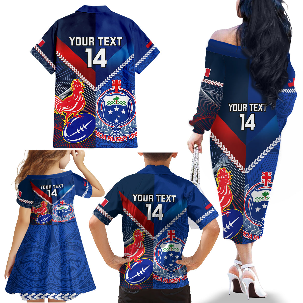 Custom Samoa And France Rugby Family Matching Off Shoulder Long Sleeve Dress and Hawaiian Shirt 2023 World Cup Manu Samoa With Les Bleus LT14 - Polynesian Pride