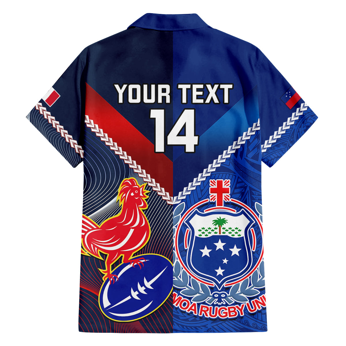 Custom Samoa And France Rugby Family Matching Off Shoulder Long Sleeve Dress and Hawaiian Shirt 2023 World Cup Manu Samoa With Les Bleus LT14 - Polynesian Pride