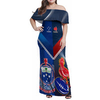 Custom Samoa And France Rugby Family Matching Off Shoulder Maxi Dress and Hawaiian Shirt 2023 World Cup Manu Samoa With Les Bleus LT14 Mom's Dress Blue - Polynesian Pride