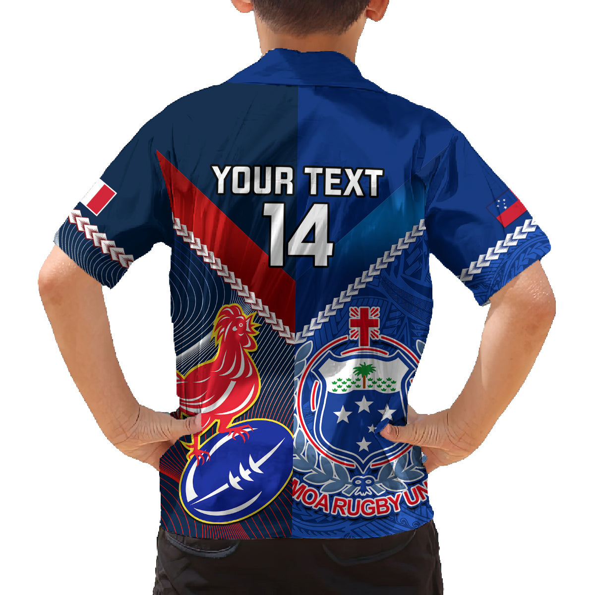 Custom Samoa And France Rugby Family Matching Off Shoulder Short Dress and Hawaiian Shirt 2023 World Cup Manu Samoa With Les Bleus LT14 - Polynesian Pride