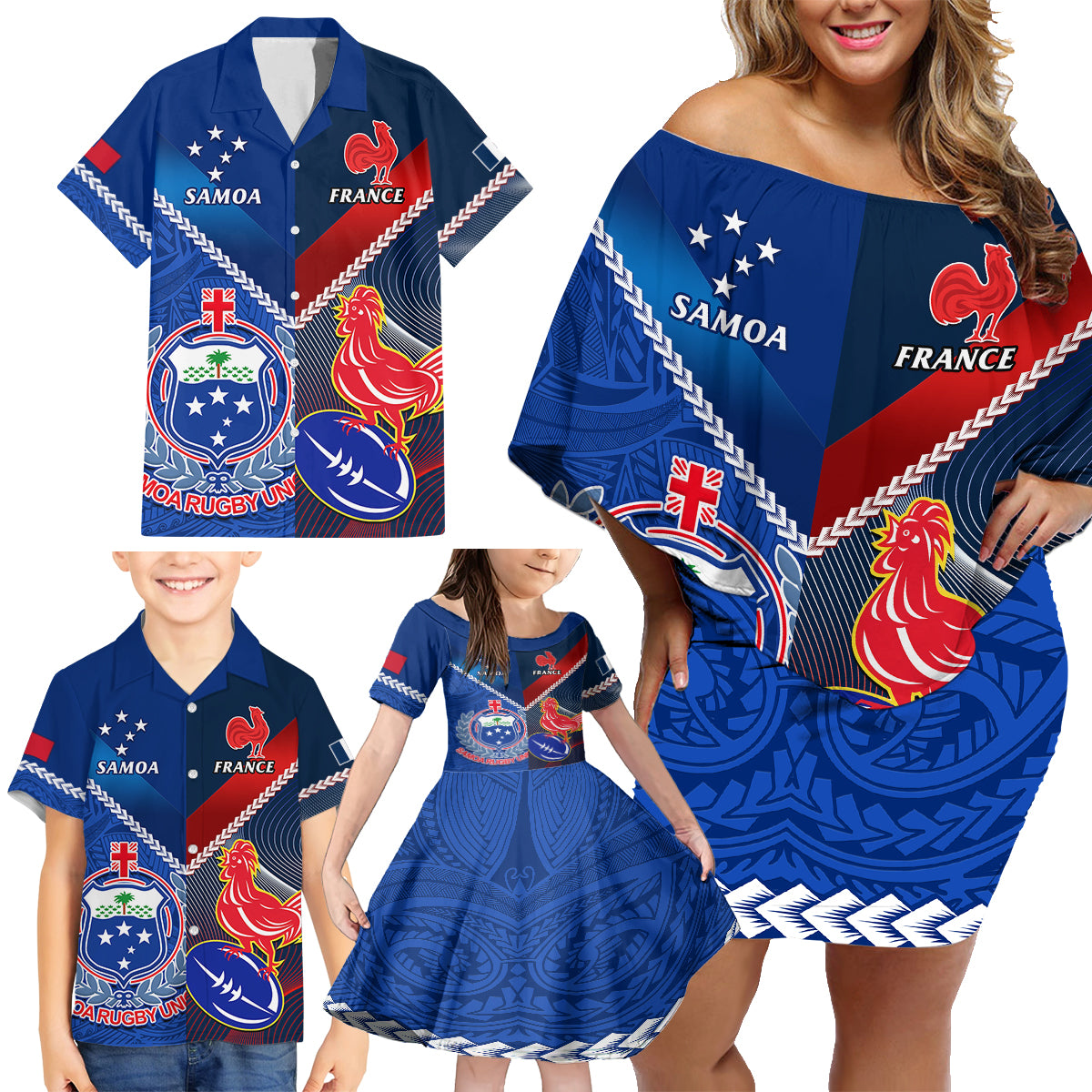 Custom Samoa And France Rugby Family Matching Off Shoulder Short Dress and Hawaiian Shirt 2023 World Cup Manu Samoa With Les Bleus LT14 - Polynesian Pride