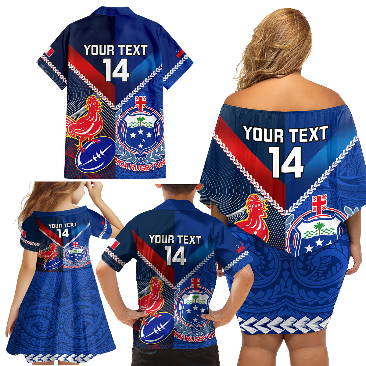 Custom Samoa And France Rugby Family Matching Off Shoulder Short Dress and Hawaiian Shirt 2023 World Cup Manu Samoa With Les Bleus LT14 - Polynesian Pride