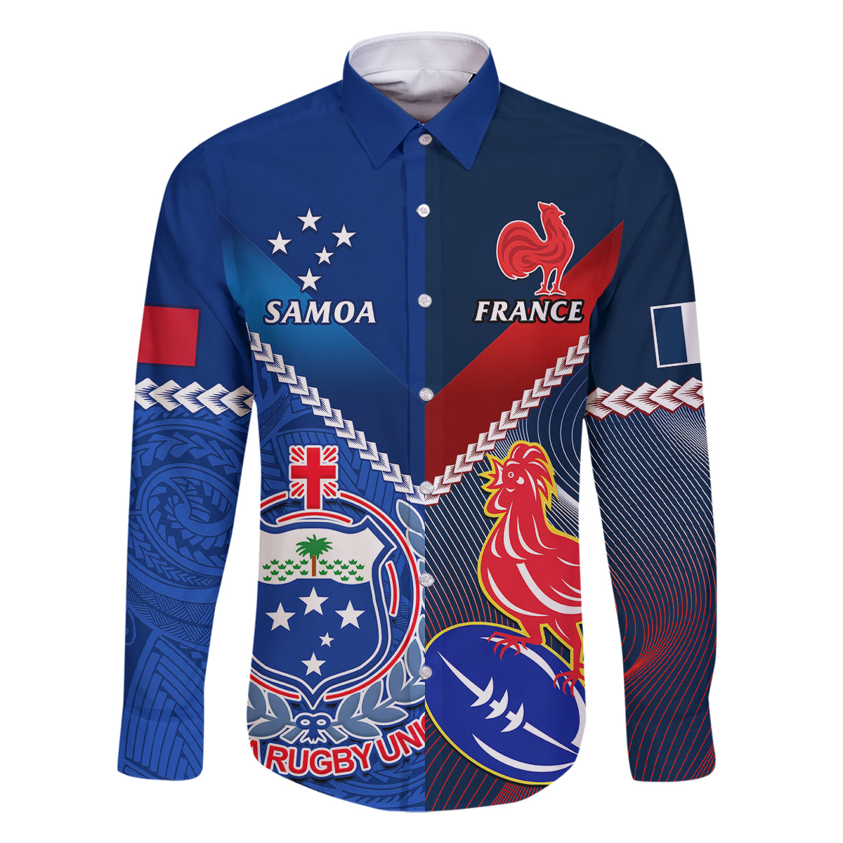 Custom Samoa And France Rugby Family Matching Off Shoulder Short Dress and Hawaiian Shirt 2023 World Cup Manu Samoa With Les Bleus LT14 Dad's Shirt - Long Sleeve Blue - Polynesian Pride