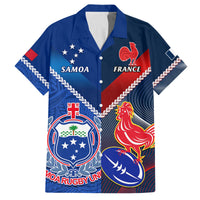 Custom Samoa And France Rugby Family Matching Puletasi Dress and Hawaiian Shirt 2023 World Cup Manu Samoa With Les Bleus LT14 Dad's Shirt - Short Sleeve Blue - Polynesian Pride