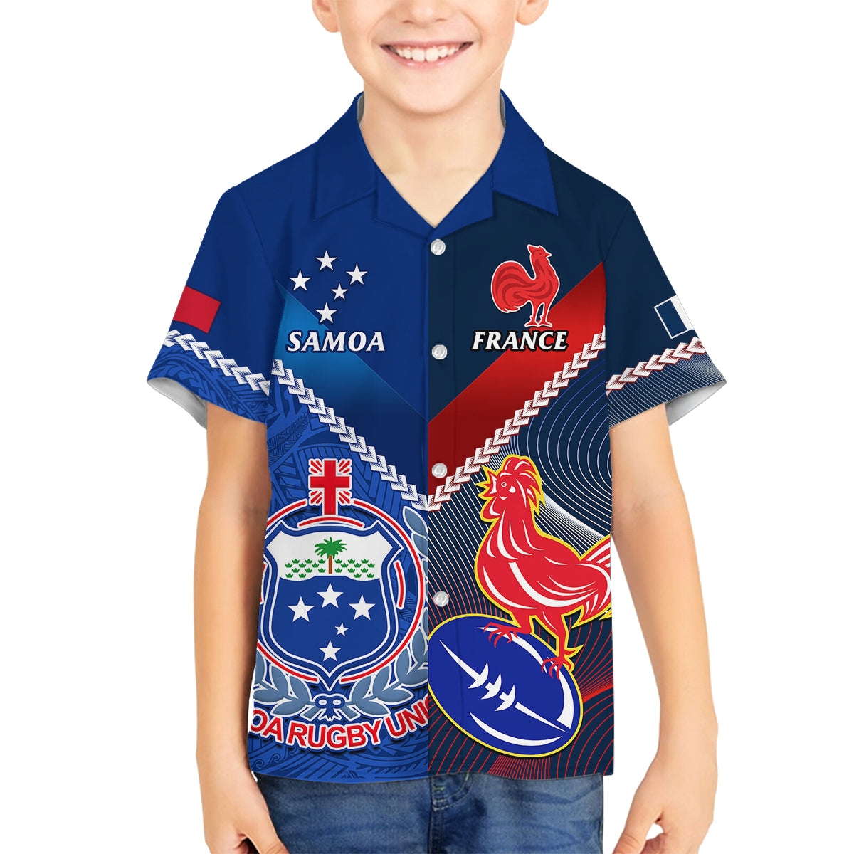 Custom Samoa And France Rugby Family Matching Summer Maxi Dress and Hawaiian Shirt 2023 World Cup Manu Samoa With Les Bleus LT14 Son's Shirt Blue - Polynesian Pride