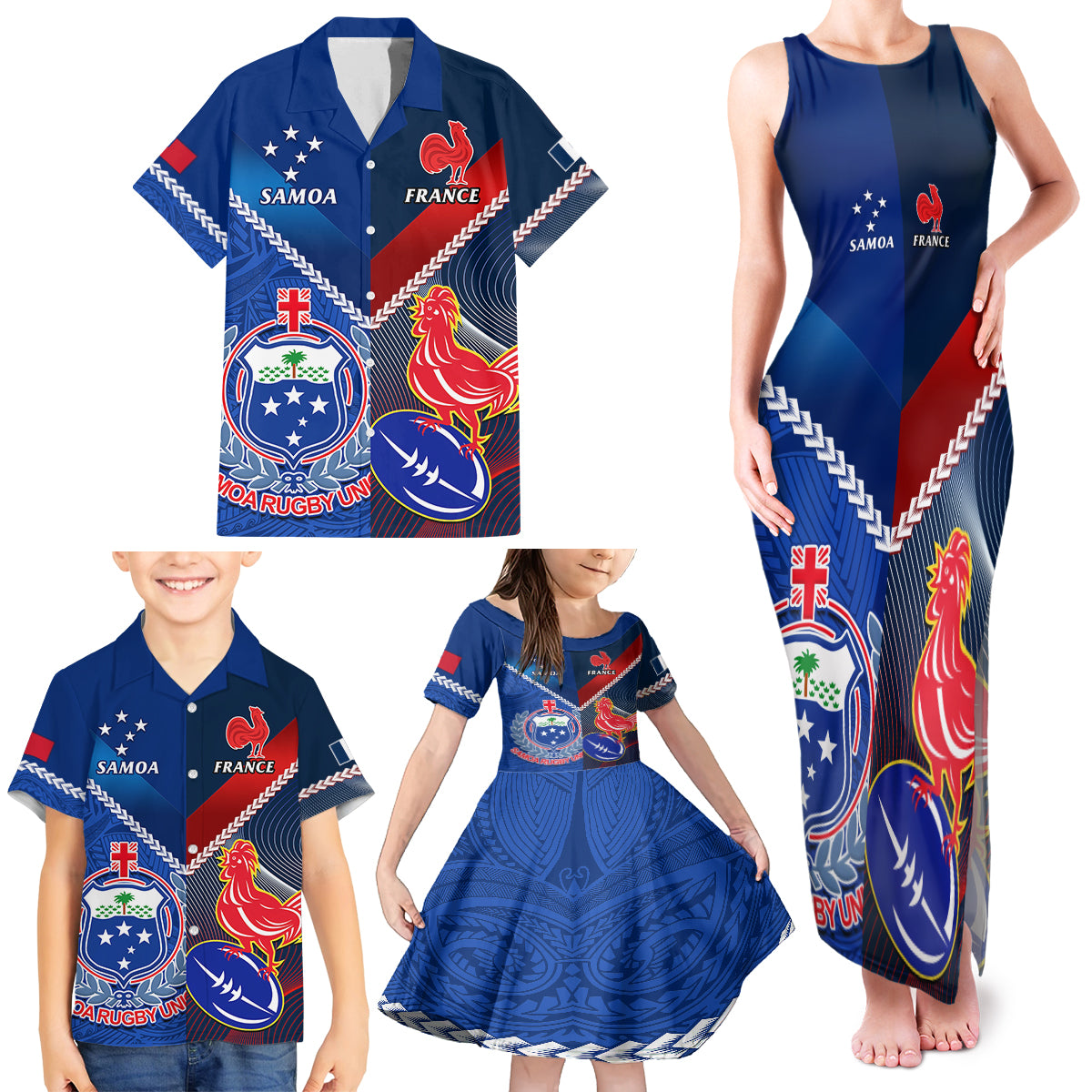 Custom Samoa And France Rugby Family Matching Tank Maxi Dress and Hawaiian Shirt 2023 World Cup Manu Samoa With Les Bleus LT14 - Polynesian Pride