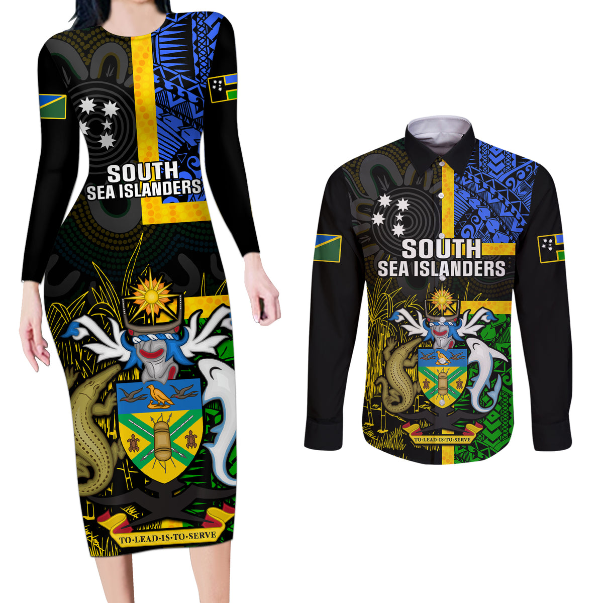 Personalised South Sea Islanders Couples Matching Long Sleeve Bodycon Dress and Long Sleeve Button Shirts Kanakas With Solomon Islands Coat Of Arms LT14 Black - Polynesian Pride