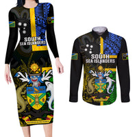 Personalised South Sea Islanders Couples Matching Long Sleeve Bodycon Dress and Long Sleeve Button Shirts Kanakas With Solomon Islands Coat Of Arms LT14 Black - Polynesian Pride