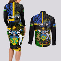 Personalised South Sea Islanders Couples Matching Long Sleeve Bodycon Dress and Long Sleeve Button Shirts Kanakas With Solomon Islands Coat Of Arms LT14 - Polynesian Pride