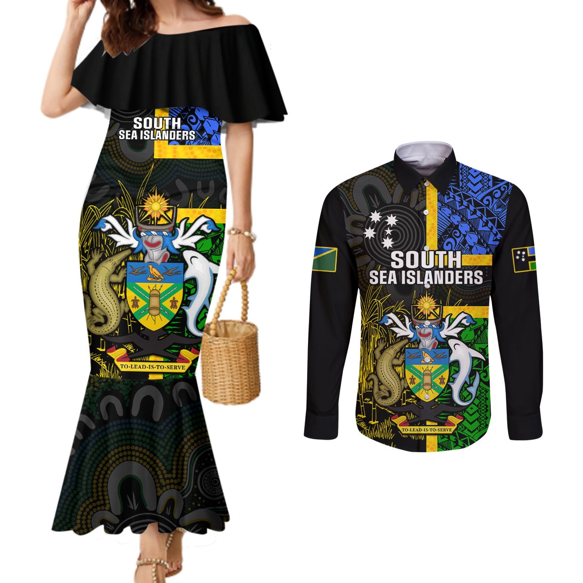 Personalised South Sea Islanders Couples Matching Mermaid Dress and Long Sleeve Button Shirts Kanakas With Solomon Islands Coat Of Arms LT14 Black - Polynesian Pride