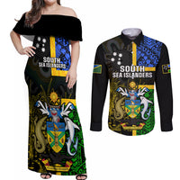 Personalised South Sea Islanders Couples Matching Off Shoulder Maxi Dress and Long Sleeve Button Shirts Kanakas With Solomon Islands Coat Of Arms LT14 Black - Polynesian Pride