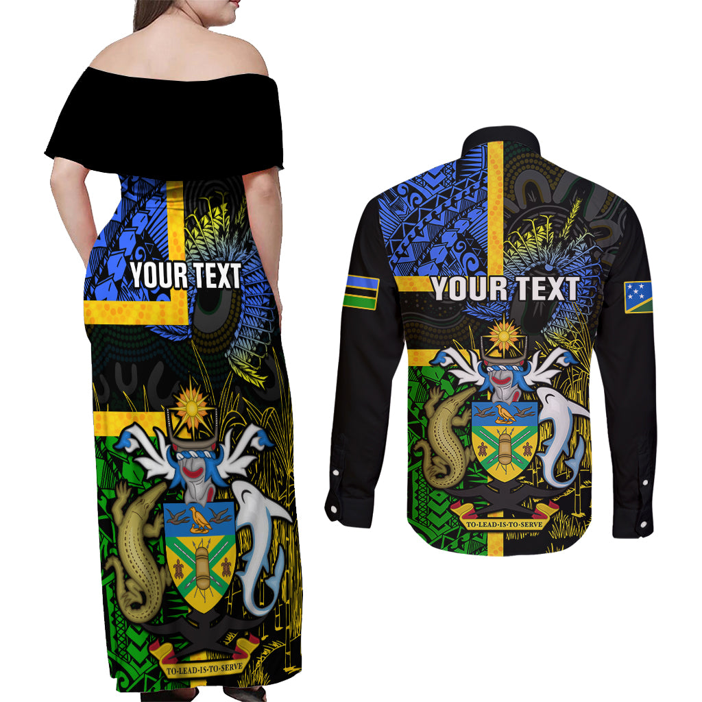Personalised South Sea Islanders Couples Matching Off Shoulder Maxi Dress and Long Sleeve Button Shirts Kanakas With Solomon Islands Coat Of Arms LT14 - Polynesian Pride