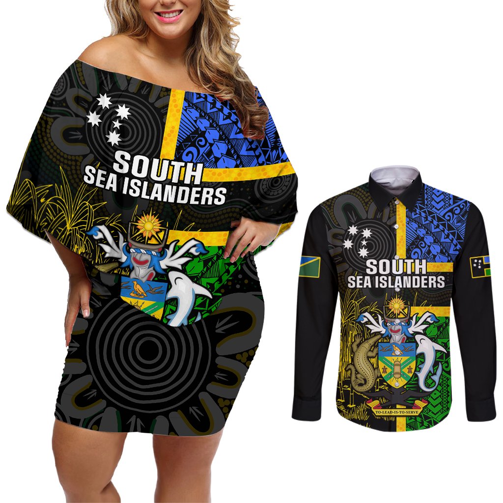 Personalised South Sea Islanders Couples Matching Off Shoulder Short Dress and Long Sleeve Button Shirts Kanakas With Solomon Islands Coat Of Arms LT14 Black - Polynesian Pride