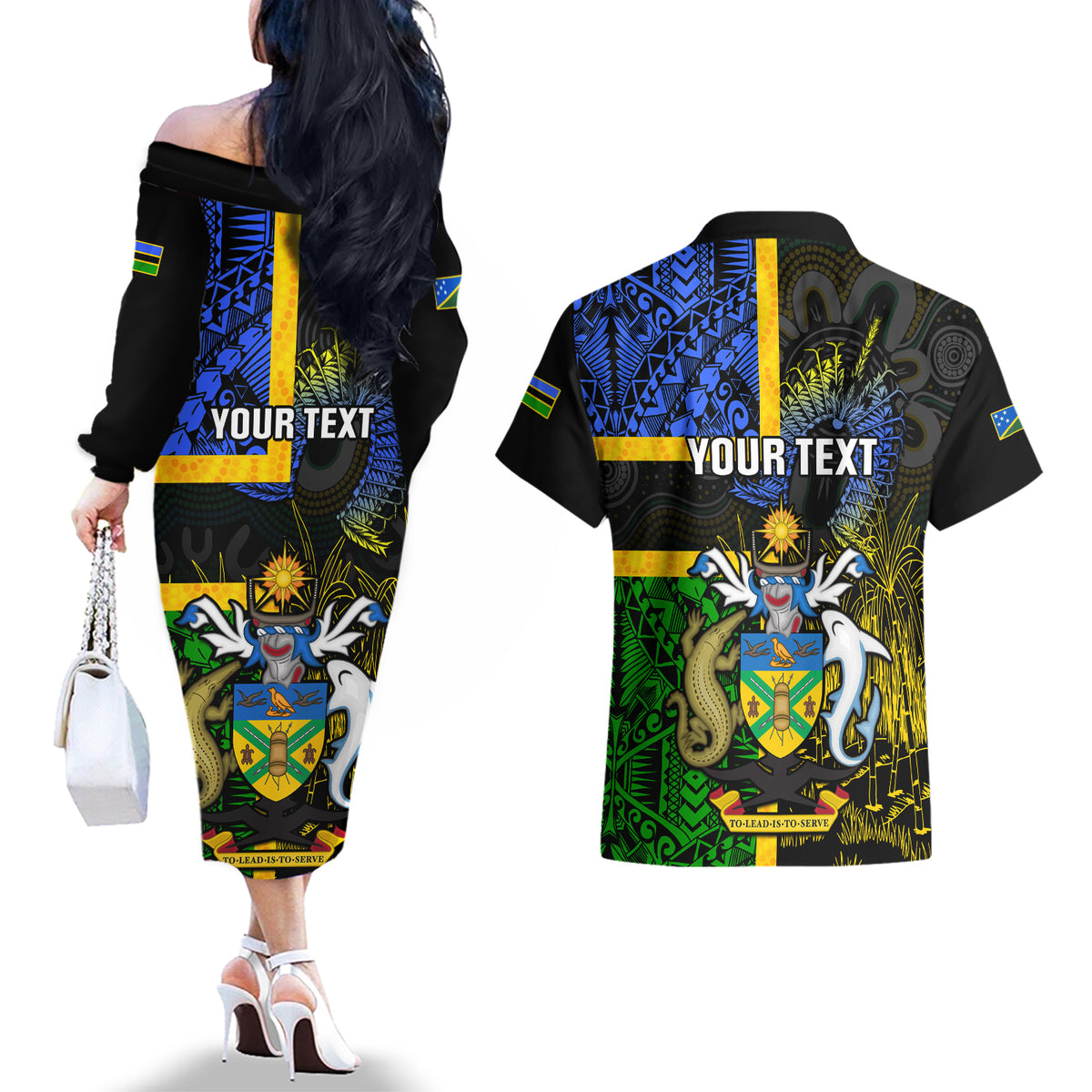 Personalised South Sea Islanders Couples Matching Off The Shoulder Long Sleeve Dress and Hawaiian Shirt Kanakas With Solomon Islands Coat Of Arms LT14 - Polynesian Pride
