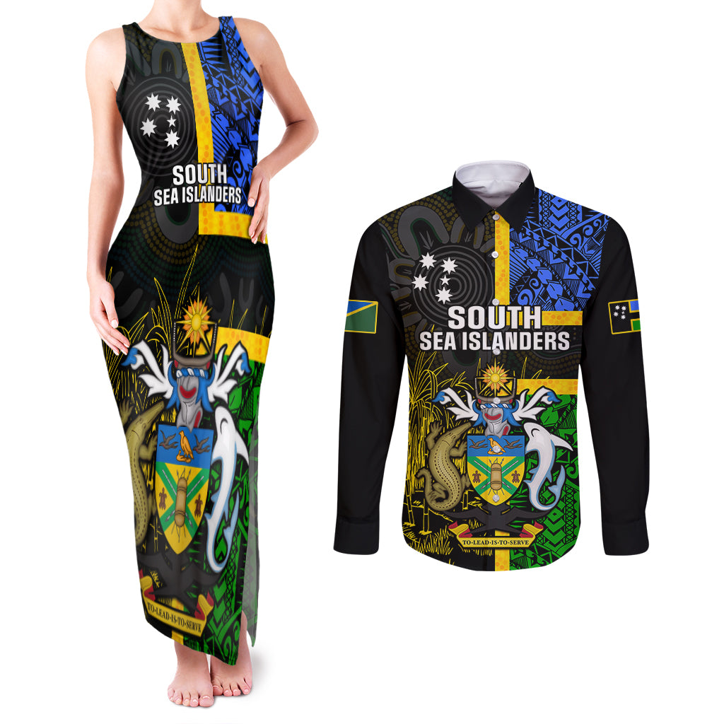 Personalised South Sea Islanders Couples Matching Tank Maxi Dress and Long Sleeve Button Shirts Kanakas With Solomon Islands Coat Of Arms LT14 Black - Polynesian Pride
