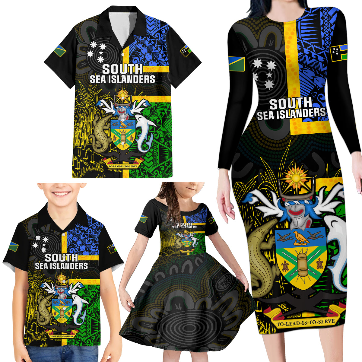 Personalised South Sea Islanders Family Matching Long Sleeve Bodycon Dress and Hawaiian Shirt Kanakas With Solomon Islands Coat Of Arms LT14 - Polynesian Pride