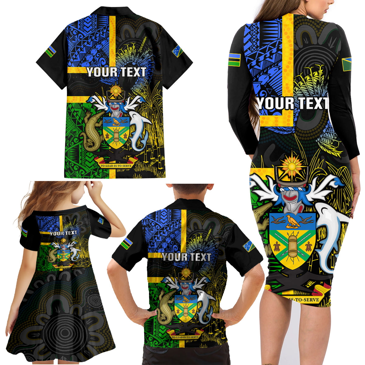 Personalised South Sea Islanders Family Matching Long Sleeve Bodycon Dress and Hawaiian Shirt Kanakas With Solomon Islands Coat Of Arms LT14 - Polynesian Pride