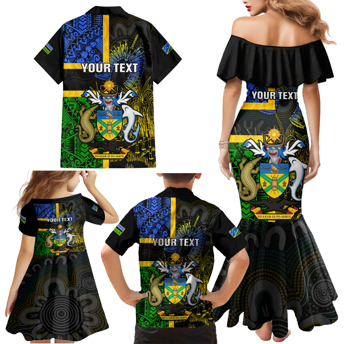 Personalised South Sea Islanders Family Matching Mermaid Dress and Hawaiian Shirt Kanakas With Solomon Islands Coat Of Arms LT14 - Polynesian Pride