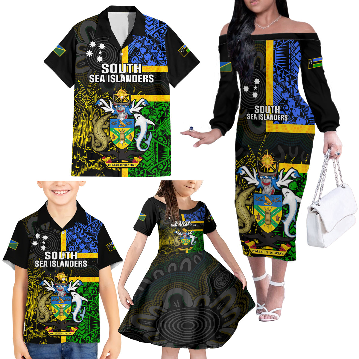 Personalised South Sea Islanders Family Matching Off Shoulder Long Sleeve Dress and Hawaiian Shirt Kanakas With Solomon Islands Coat Of Arms LT14 - Polynesian Pride